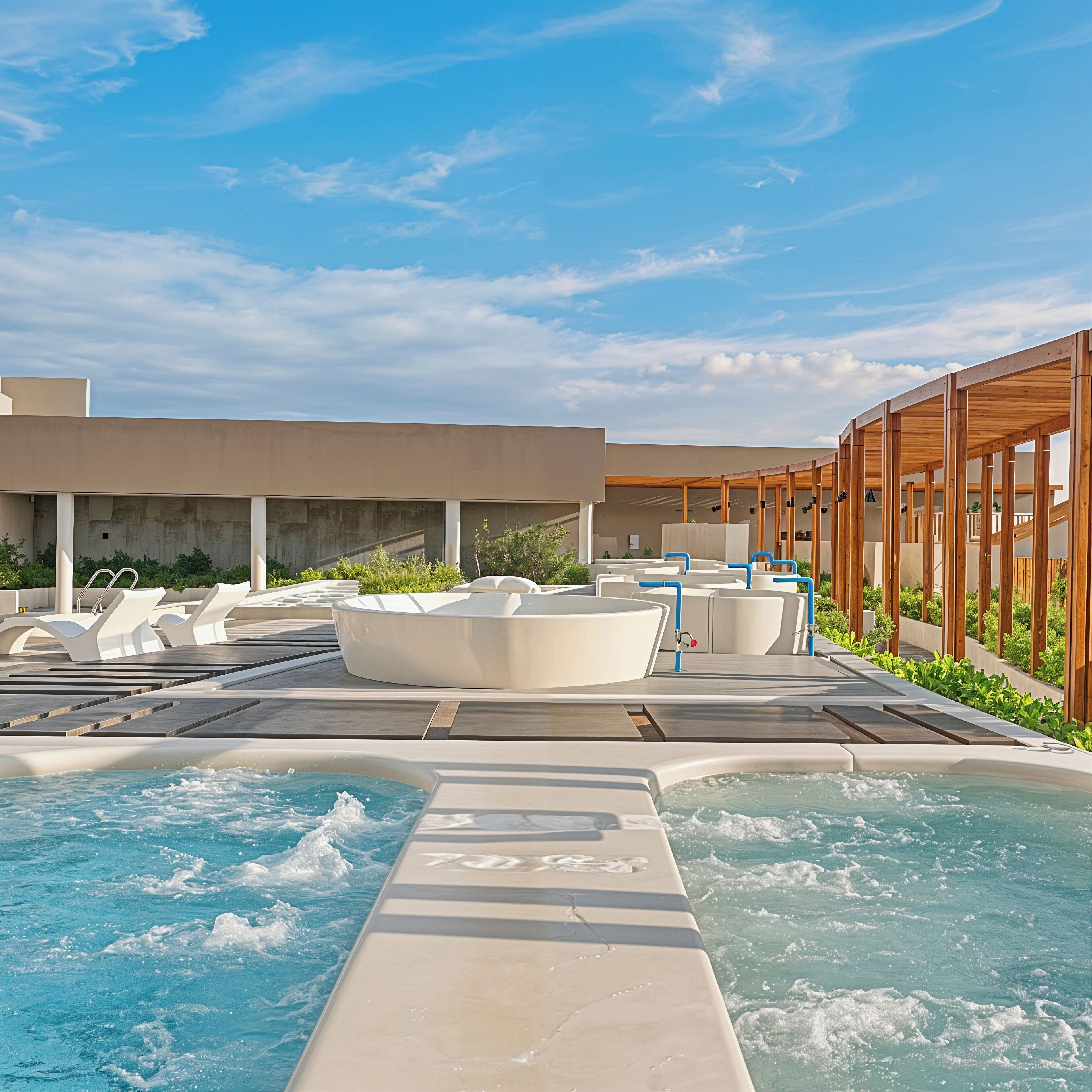 Un espace piscine extérieur moderne, doté de chaises longues, d’un jacuzzi et d’une pergola en bois.