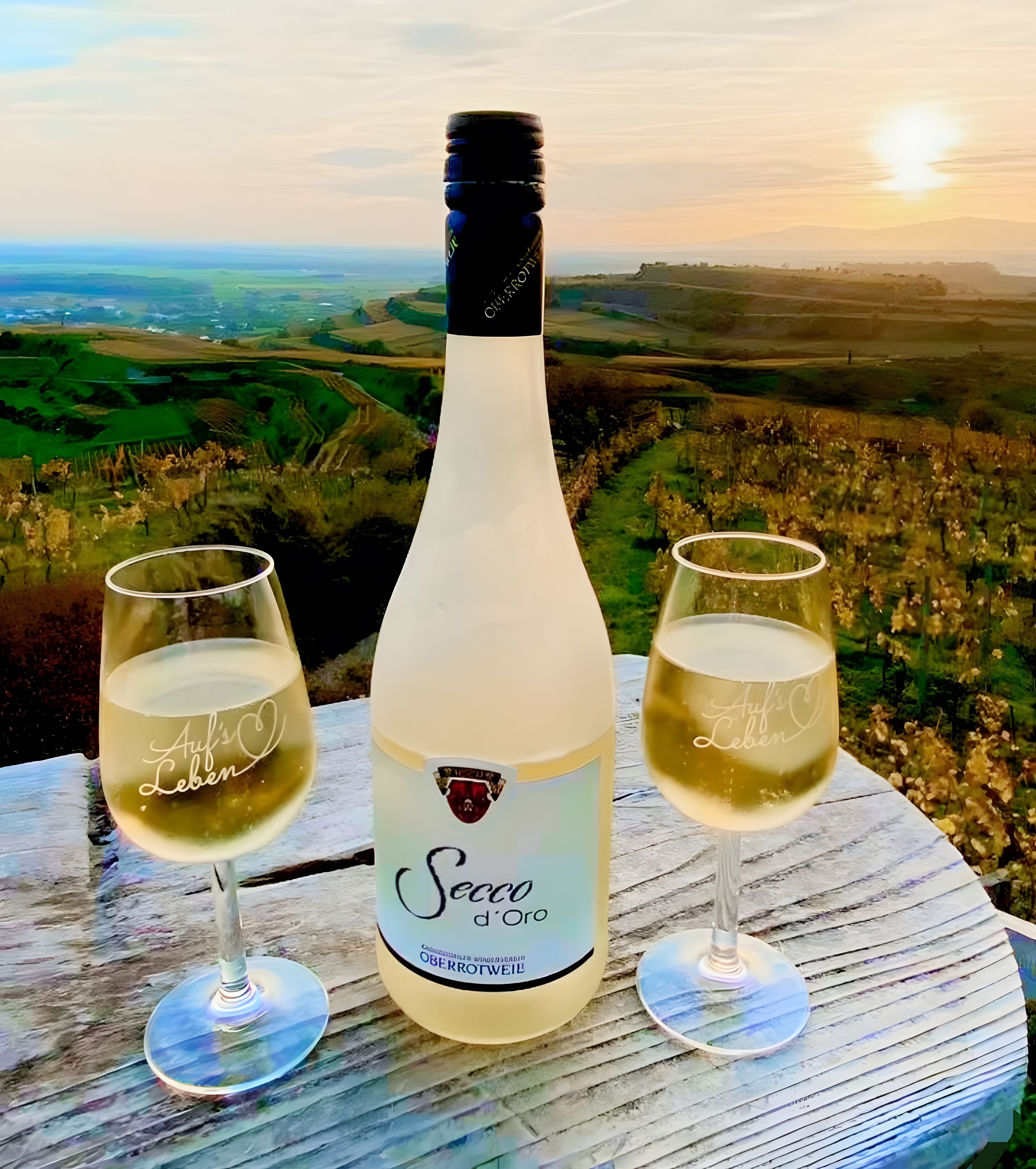 A bottle of Secco d'Oro wine with two glasses on a wooden table, set against a scenic landscape view.