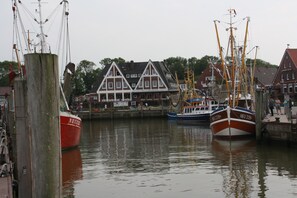 A harbor with boats docked, a building with a traditional architectural style, and a clear view of the water.