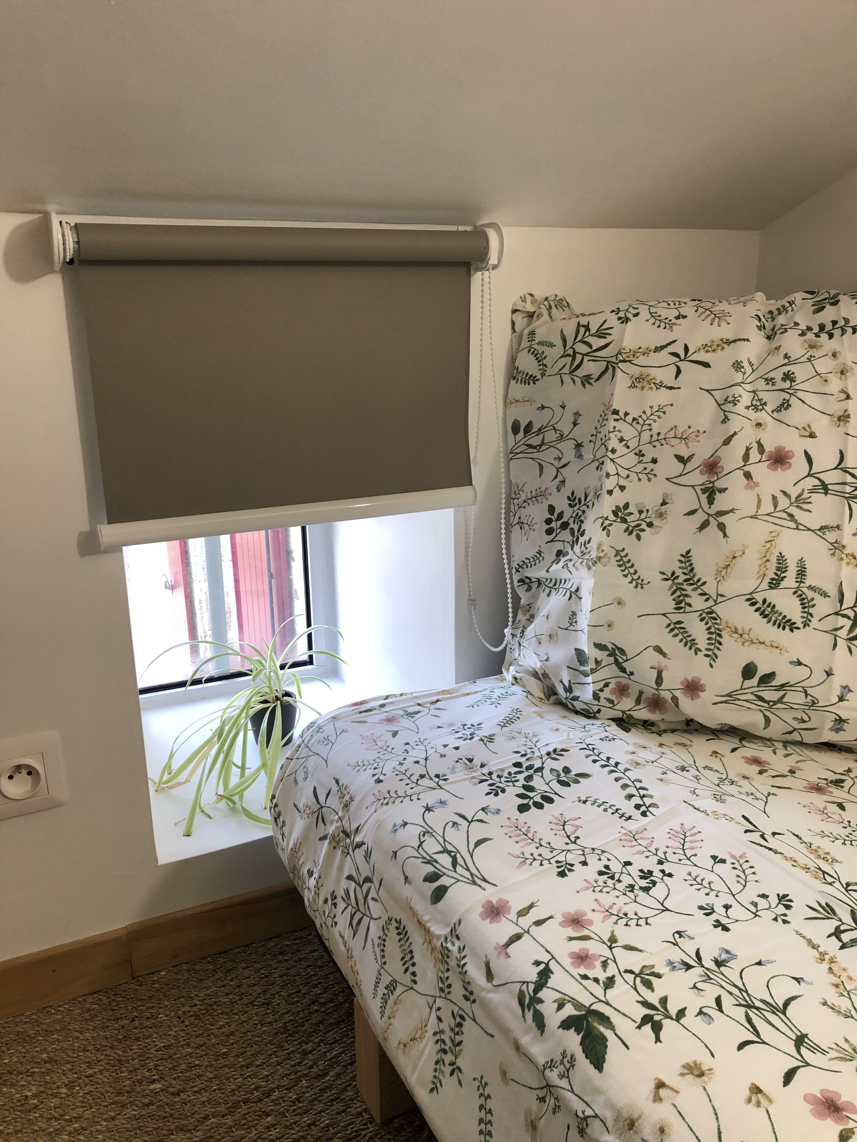 A bedroom with a bed, a window with a roller blind, a potted plant, and a wall socket.