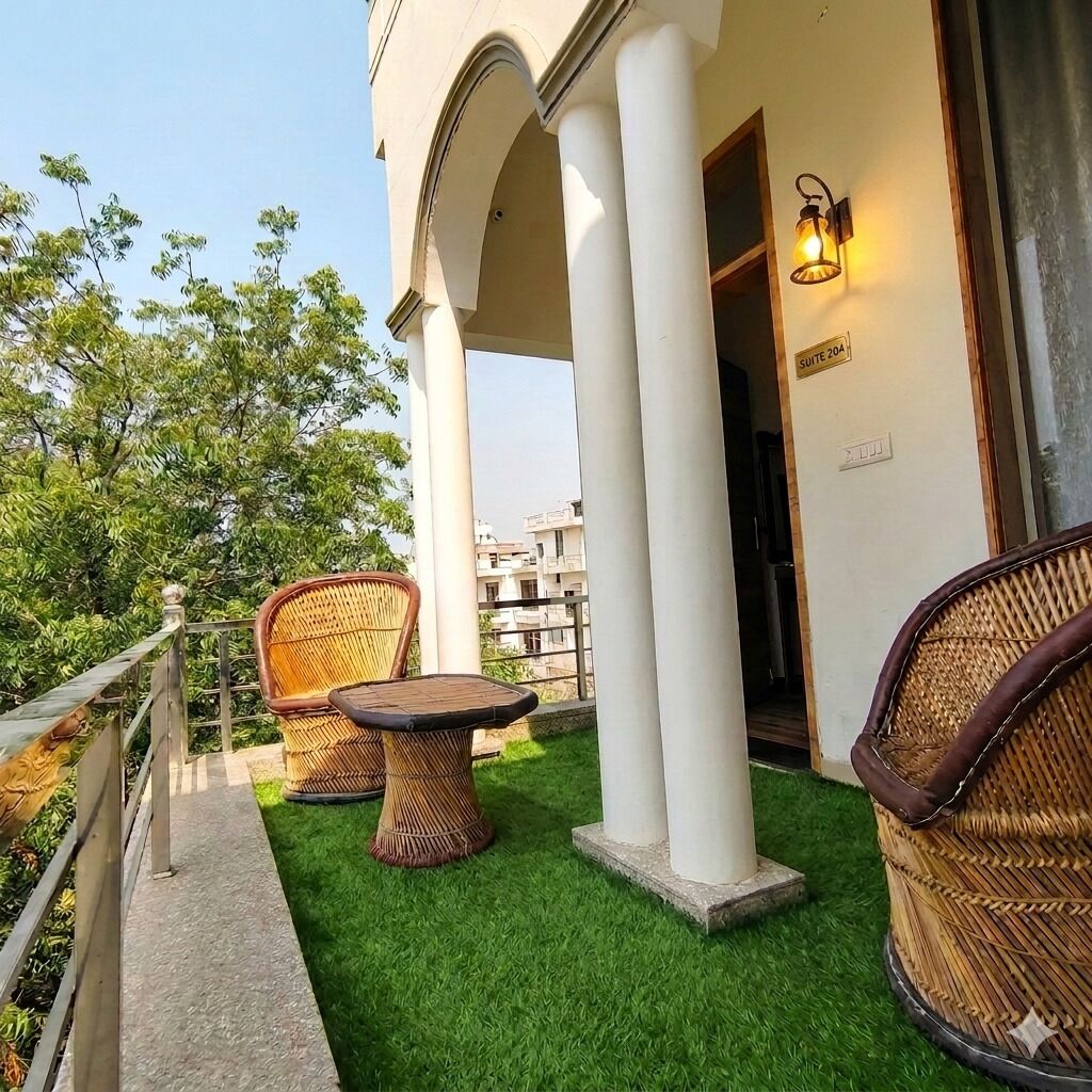 A balcony with two wicker chairs and a small table, a white building with columns, and a sign indicating 'Suite 20A'.