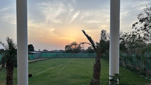 Vista de un área verde con una silla verde y una estructura de pilar blanco.