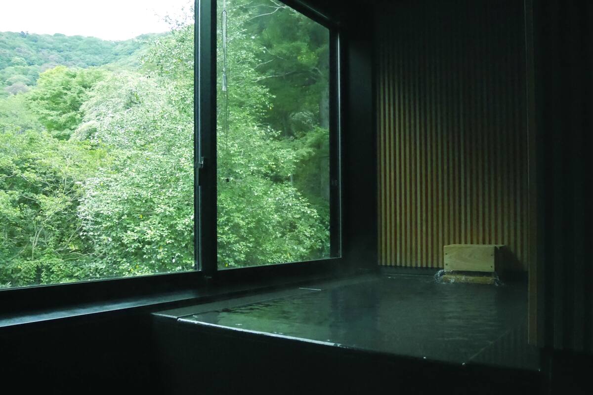 Une pièce dotée d’une grande fenêtre donnant sur une zone boisée.