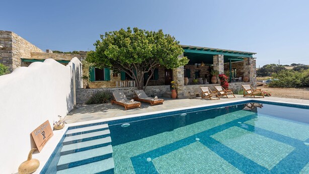 Un'area con piscina, lettini, un edificio in pietra e un albero.