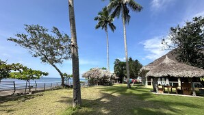 Un complexe hôtelier tropical doté de palmiers, de huttes aux toits de chaume et offrant une vue sur l’océan.