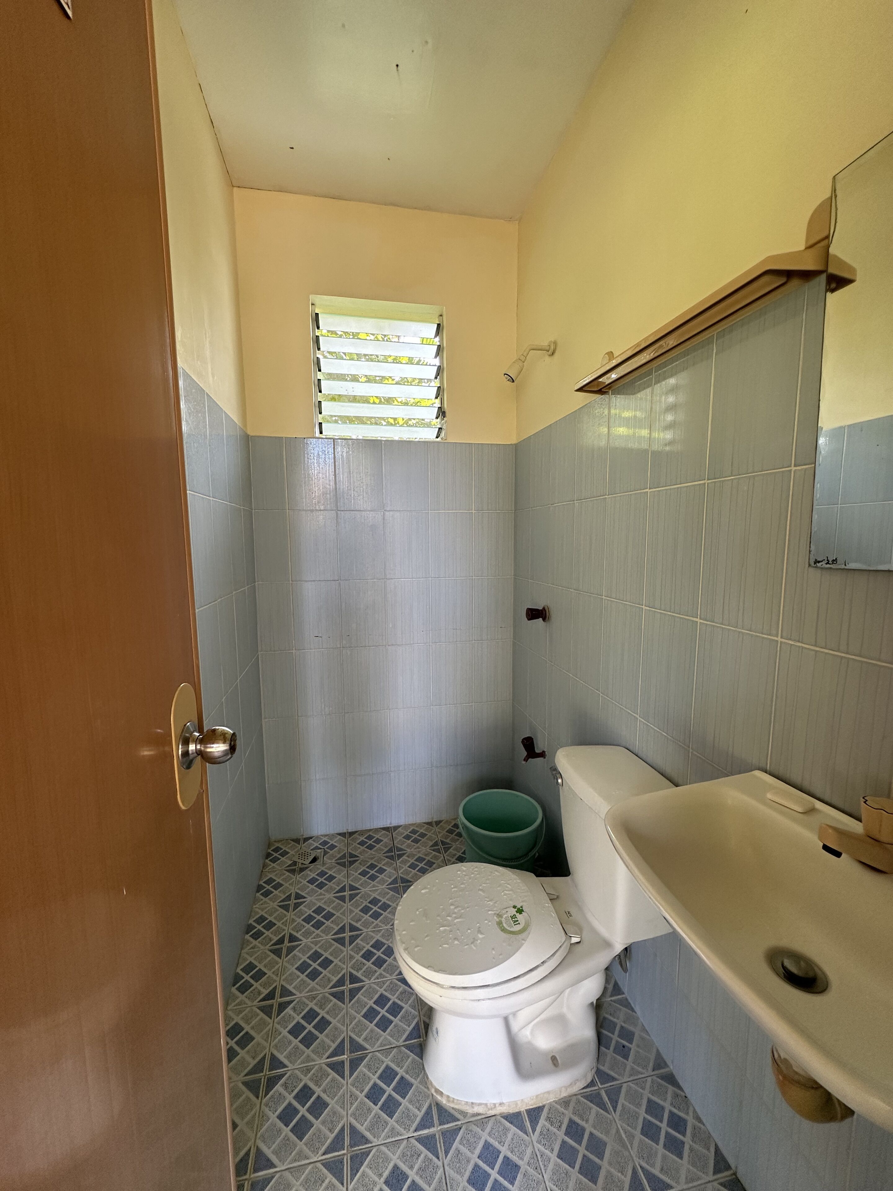 A bathroom with a toilet, sink, and shower.