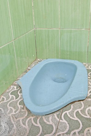 Eine blaue, squatsitzartige Toilette mit einem gemusterten Boden.