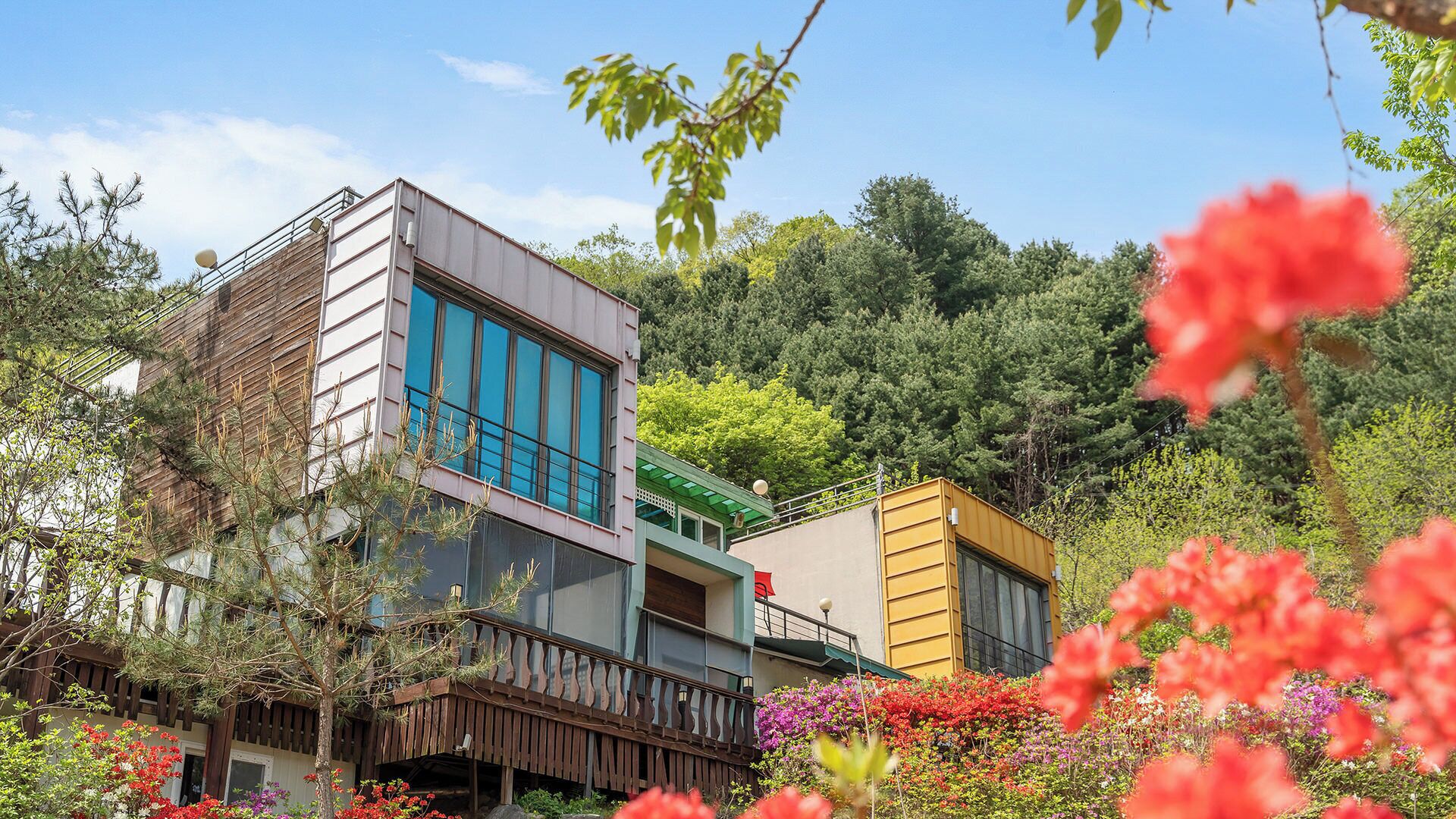 Edifici modern amb grans finestres i un balcó, envoltat de vegetació exuberant i plantes florejants.