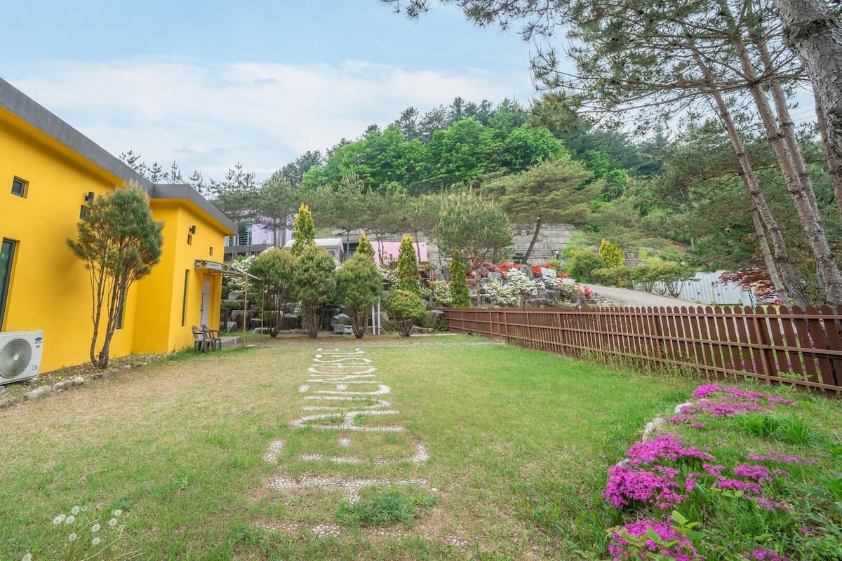 A modern building with a yellow facade, a grassy yard with a path, and a wooden fence.