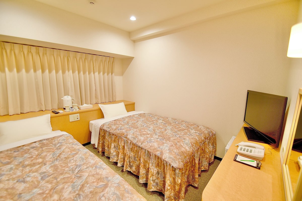 Une chambre d’hôtel avec deux lits, une télévision, un téléphone et une table de chevet.