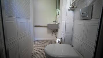 A small, narrow bathroom with a toilet, a sink, and a shower.