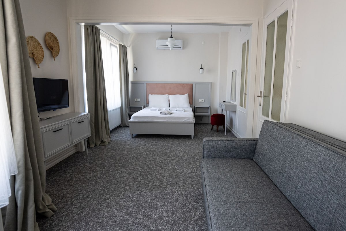 Quarto de hotel com cama, televisão, escrivaninha, cadeira e sofá.