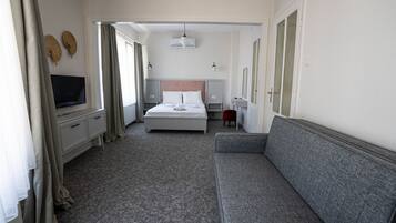 A hotel room with a bed, a TV, a desk, a chair, and a sofa.