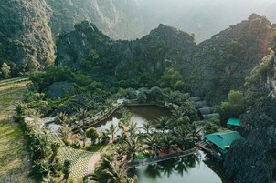 Vista aérea de una zona montañosa exuberante, con un pequeño estanque, palmeras y un puente que conecta diferentes partes de la propiedad.