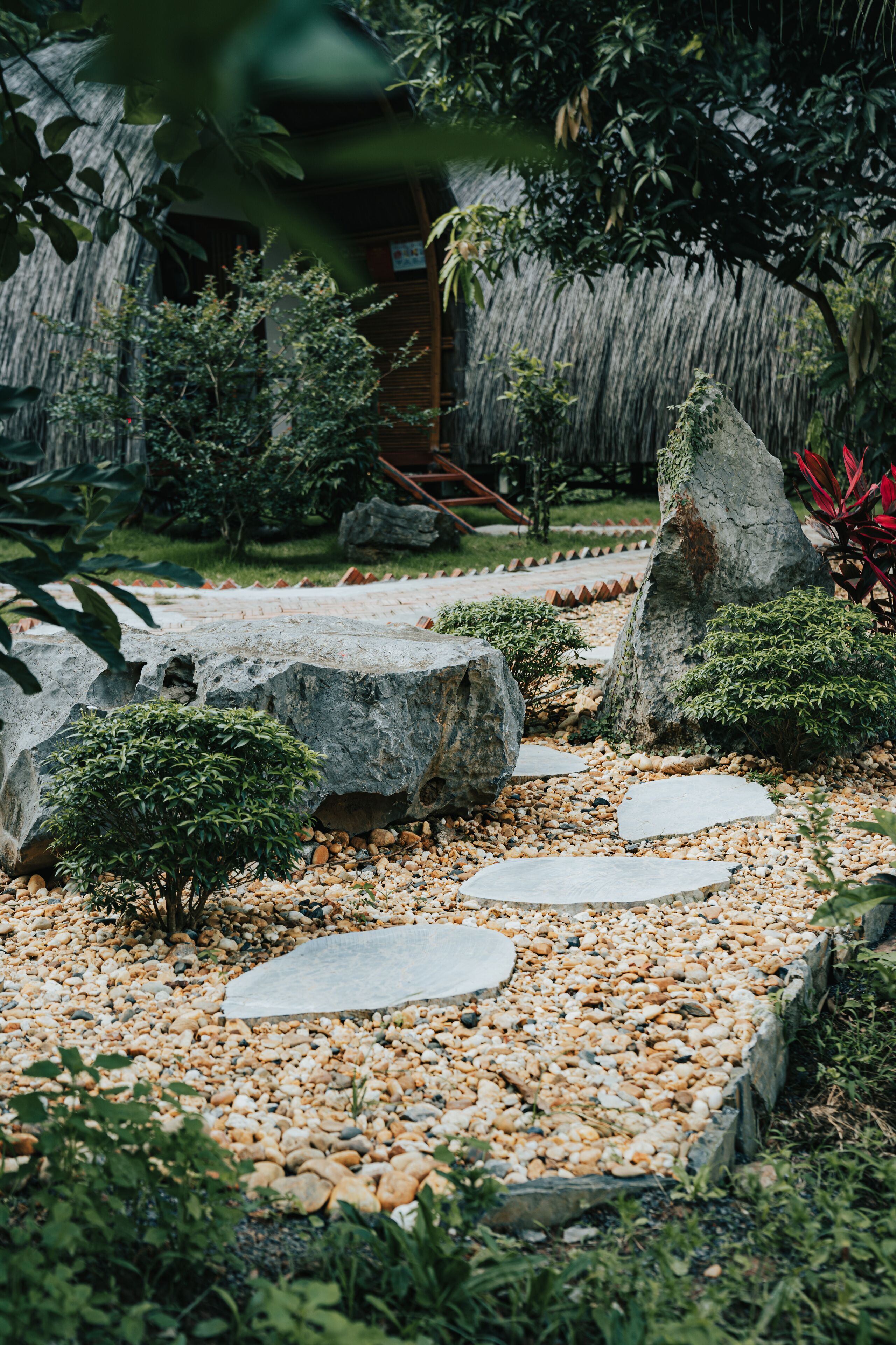 A garden pathway with stepping stones, surrounded by rocks and various plants.
