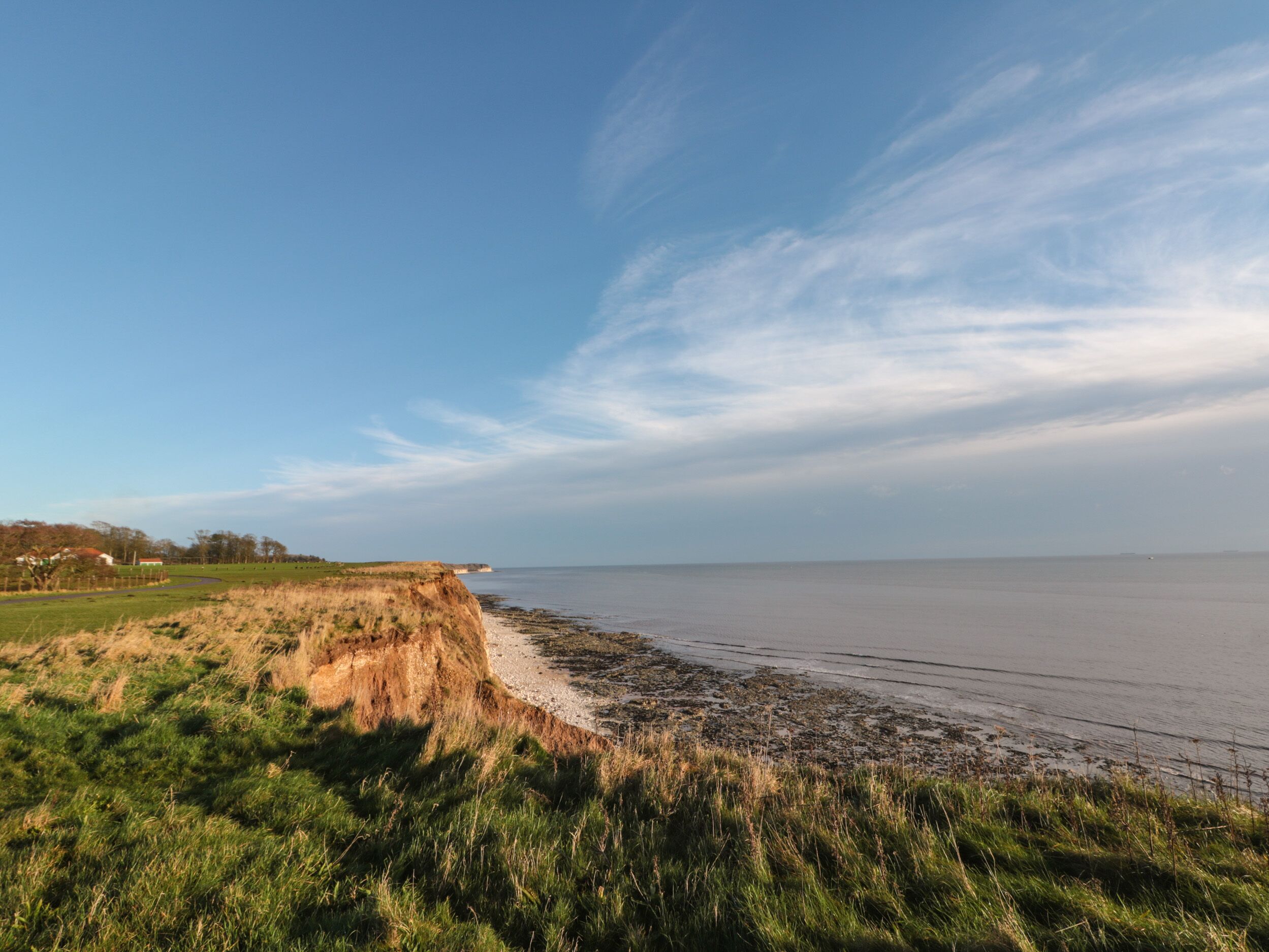 A coastal landscape with a grassy area leading to the sea, a clear sky, and a distant shoreline.