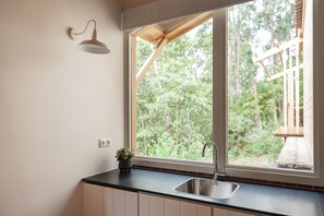 Mini-fridge, microwave, electric kettle, toaster oven