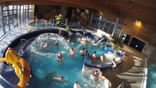 Une grande piscine intérieure divisée en plusieurs zones, dont un espace avec jacuzzi, le tout entouré de grandes fenêtres et agrémenté de plantes d’intérieur.
