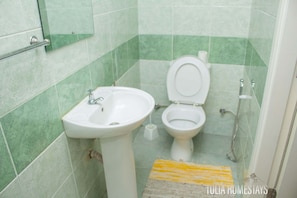 Appartement Affaires | Salle de bain | Douche, articles de toilette (gratuits), bidet, serviettes fournies