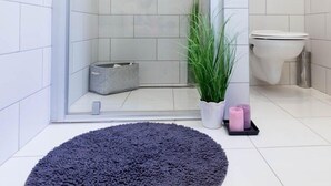 Moderni kylpyhuone, jossa on lasinen suihkuseinä, valkoiset laatat, ruukussa oleva kasvi, wc-istuin ja tumma matto lattialla.