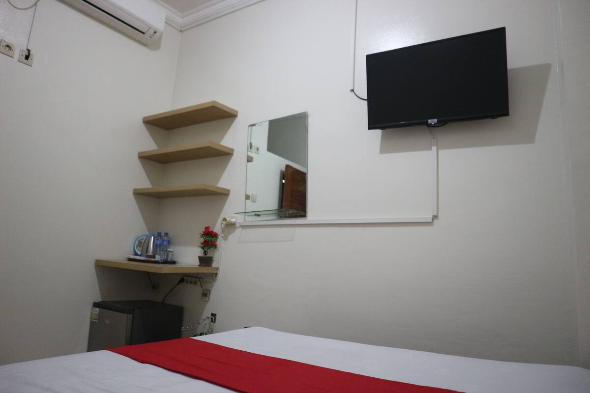 A hotel room with a bed, a TV mounted on the wall, a mirror, and a small desk with a kettle and a plant.