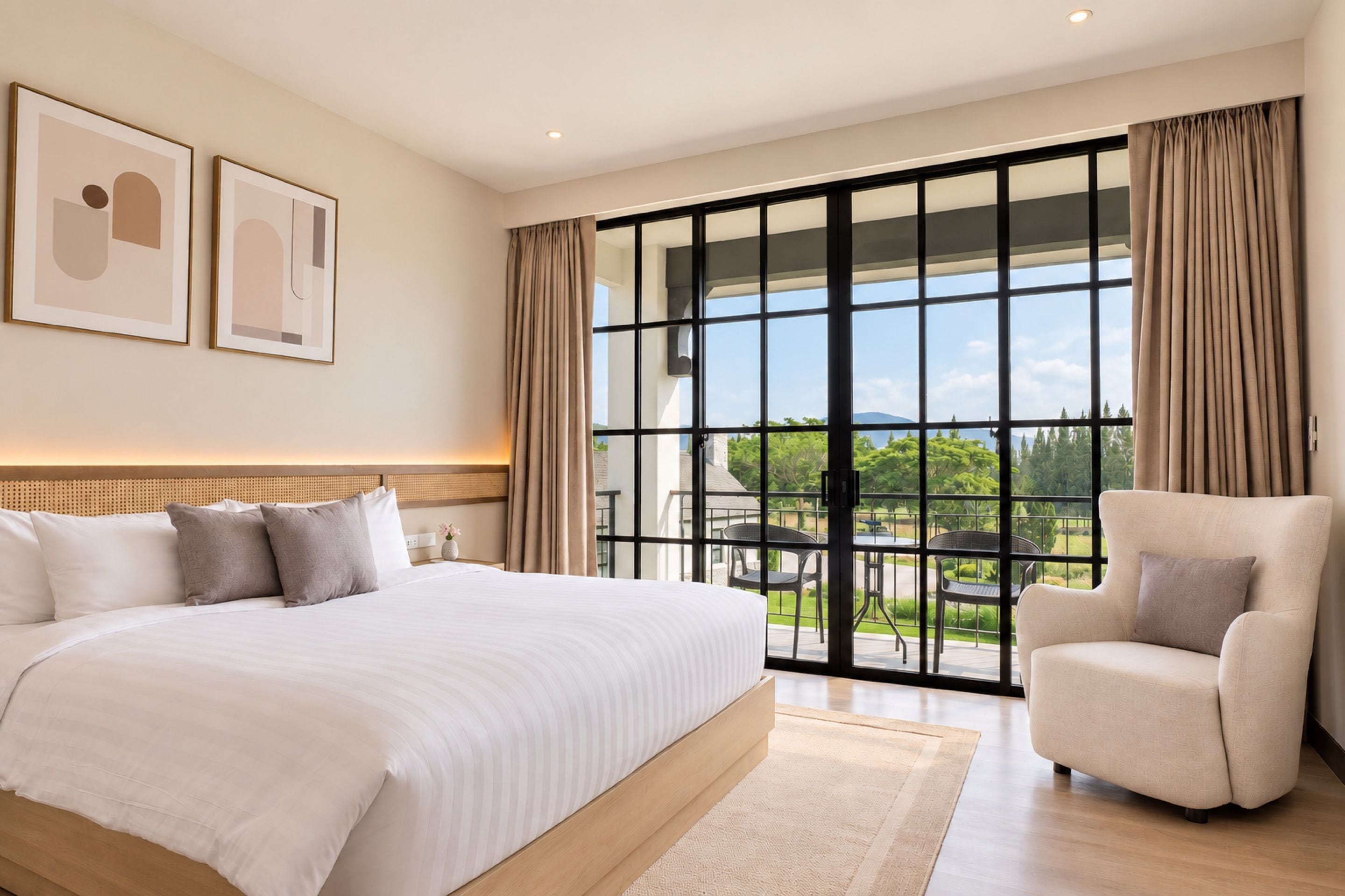 A modern bedroom with a large bed, a chair, and a view of the outdoors through a sliding glass door.