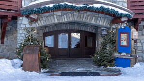 Un arc en pierre mène à une porte en bois, de chaque côté de laquelle se trouvent un sapin de Noël et des décorations.