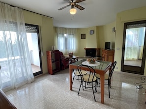 A dining area with a glass table and chairs, a sofa, a television, and a fireplace.