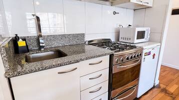 Fridge, microwave, oven, coffee/tea maker