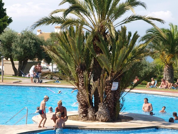 A swimming pool surrounded by palm trees and people enjoying the water.