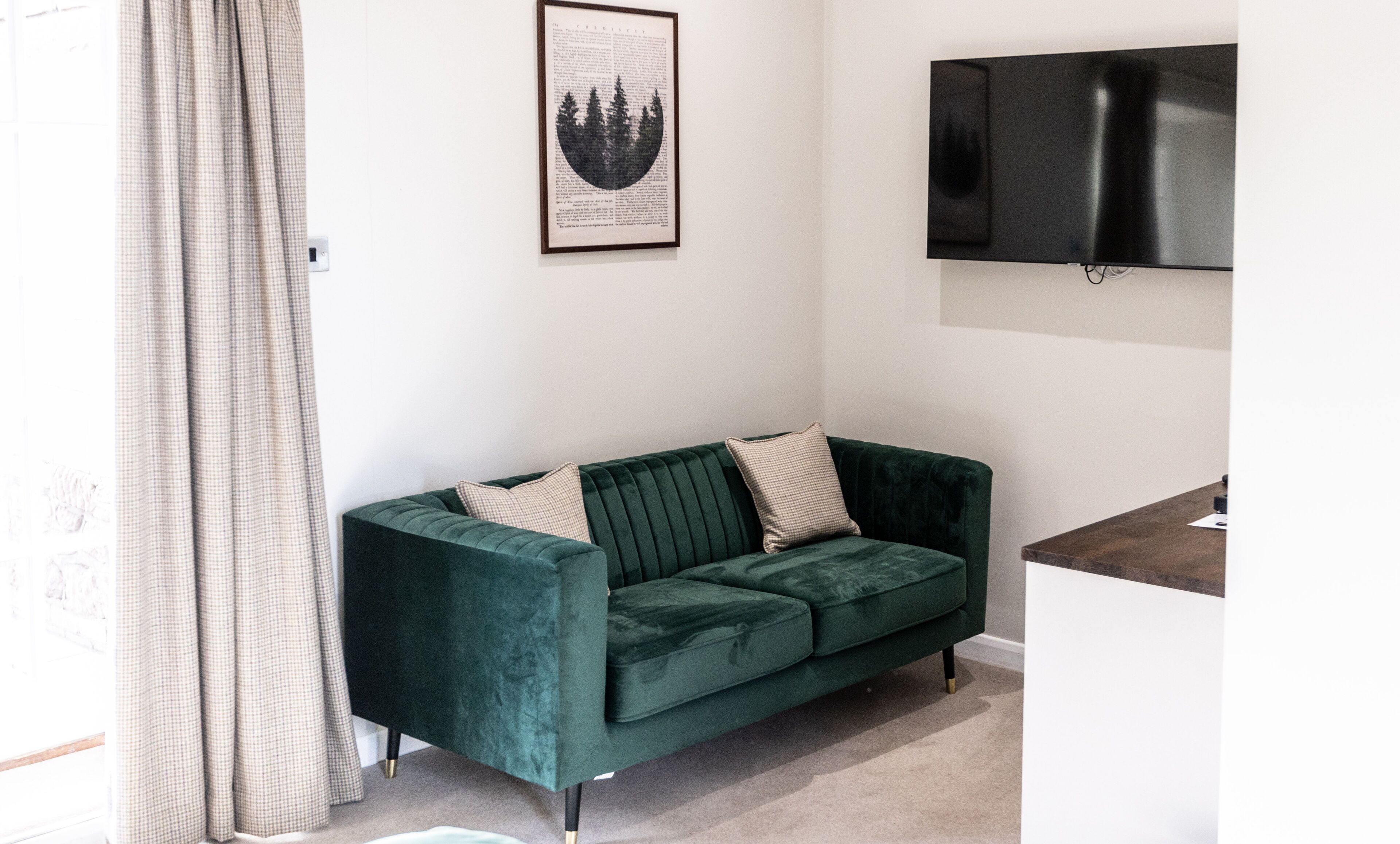 A room with a green velvet sofa, a framed picture on the wall, and a flat-screen TV mounted above it.