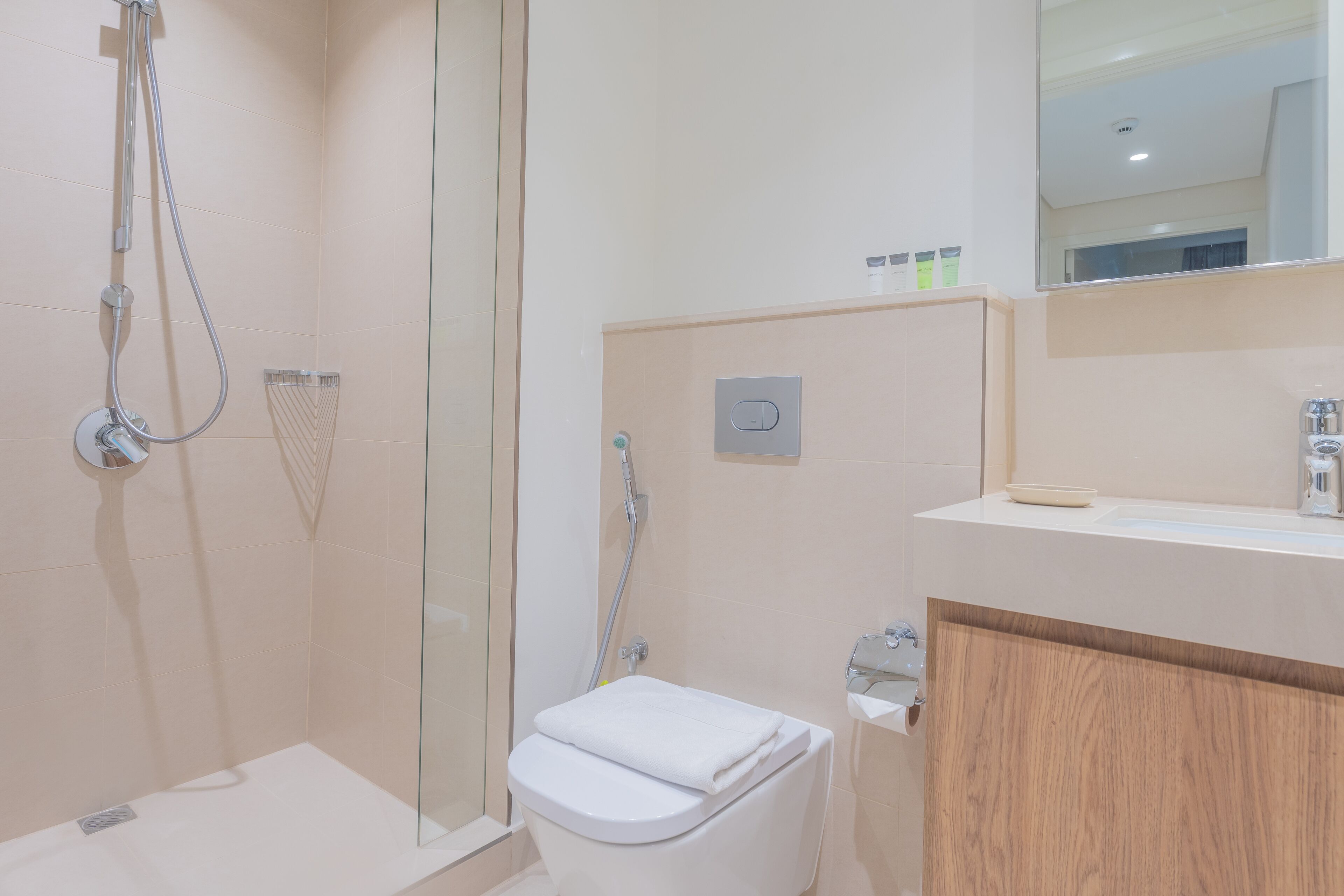 A modern bathroom with a glass-enclosed shower, a toilet, and a vanity with a mirror.