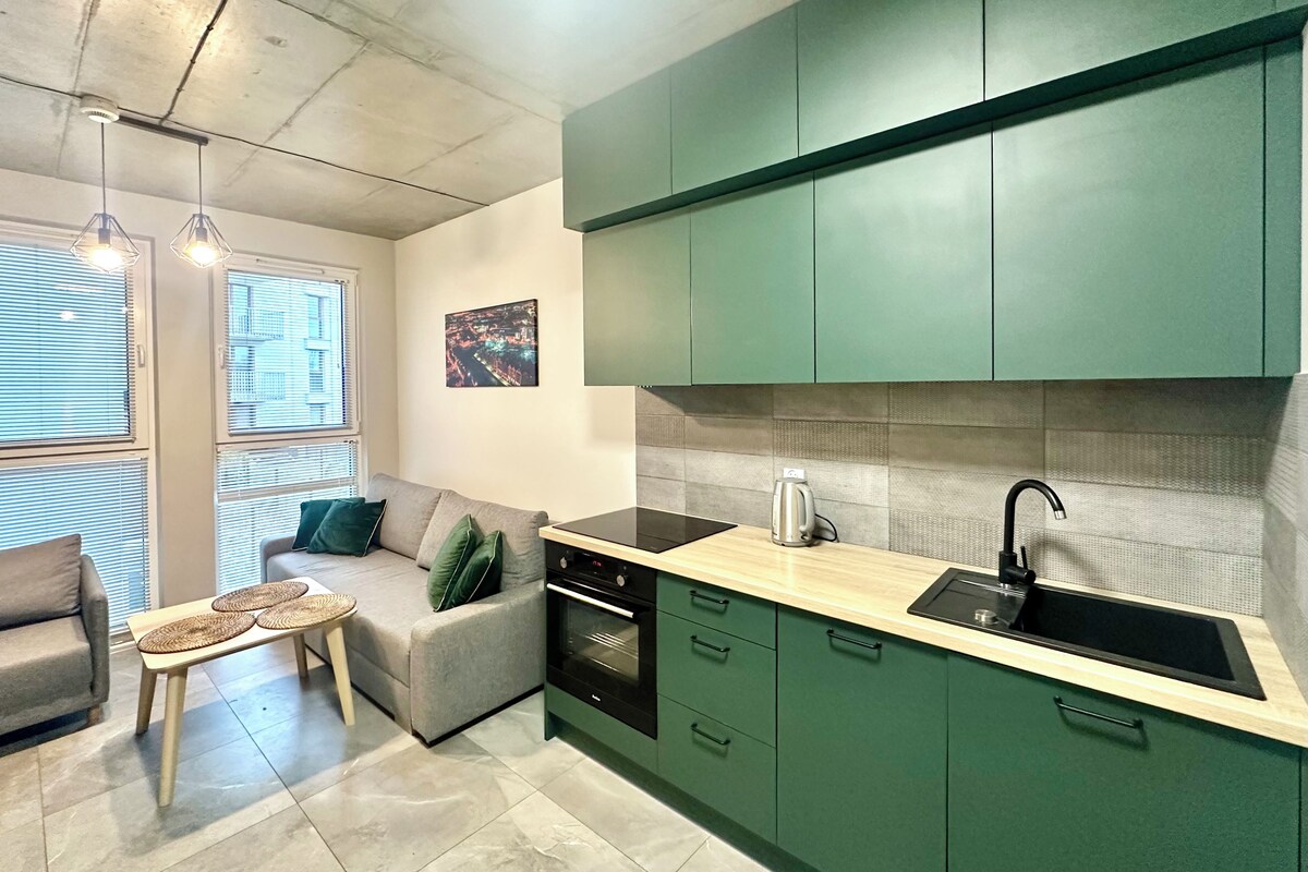 Een kleine keuken met groene kastjes, een zwarte spoelbak en een ingebouwde oven.