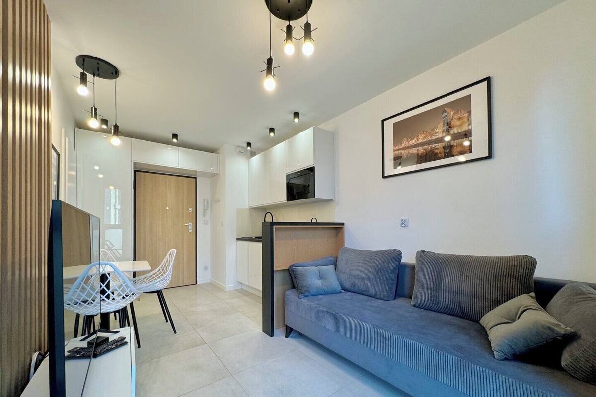 Ein modernes Wohnzimmer mit Sofa, Essbereich mit Stuhl und Küchenzeile.