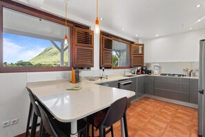 A modern kitchen with a large island, wooden cabinets, and a view of a green landscape. - Le petit Dizac - Three Bedroom Villa, Sleeps 6 (Le Diamant)