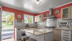 A modern kitchen with a large island, white cabinets, and a view of a pool and palm trees outside.