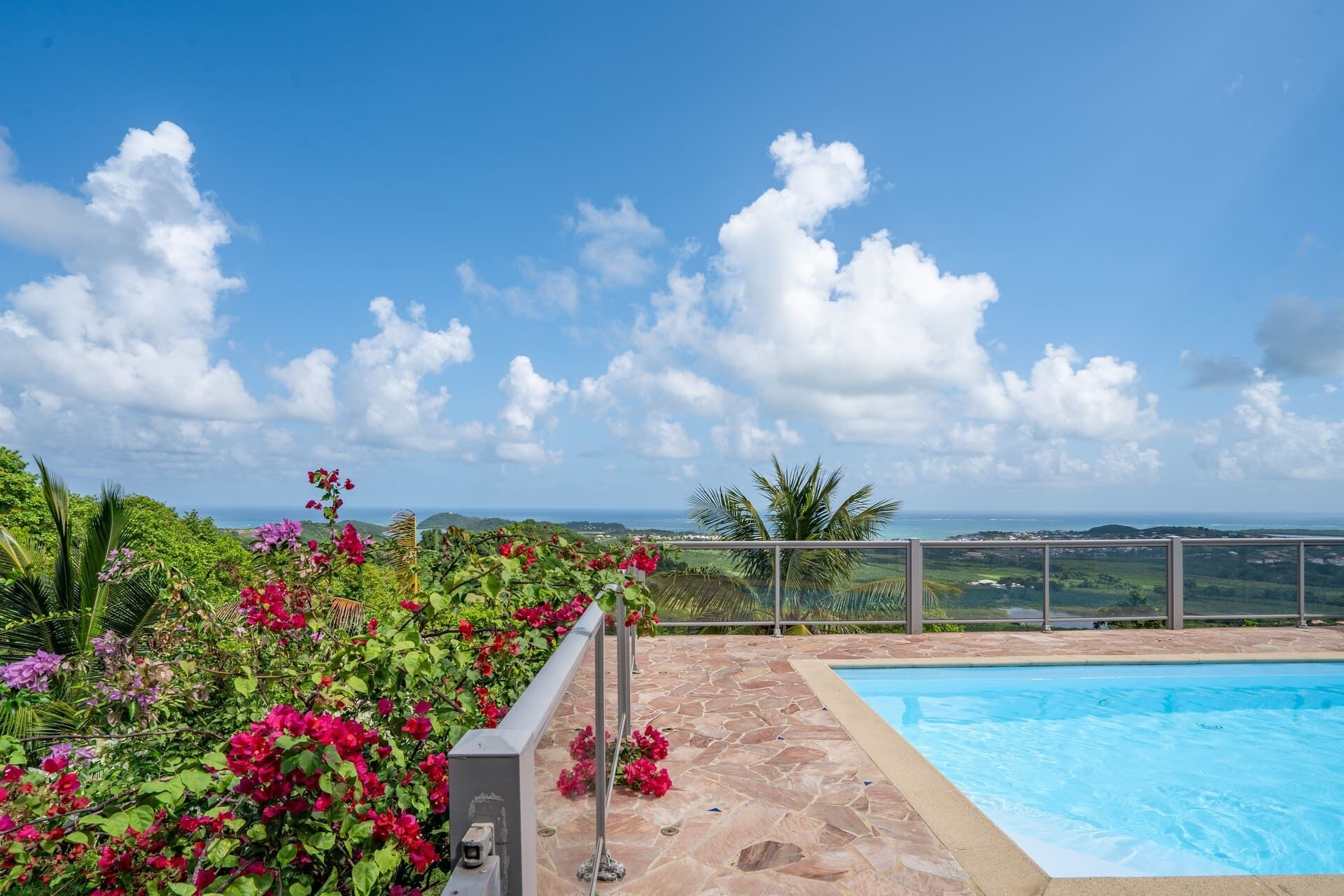 Ein Poolbereich mit freiem Blick auf den Ozean und einem angelegten Garten mit rosa Blüten.