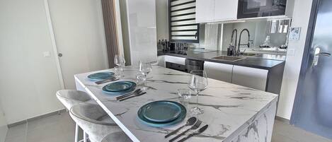 Fridge, microwave, oven, dishwasher