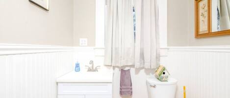 Een badkamer met een wit wastafelmeubel, een wc en een toilet. Er is een raam met dunne gordijnen, een lijst met een afbeelding aan de muur en een klein vogelhuisje op het toilet.