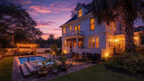 Una casa de dos pisos con piscina, mobiliario exterior y un patio bien iluminado.