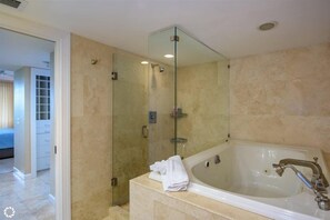 Shower, jetted tub, hair dryer, towels