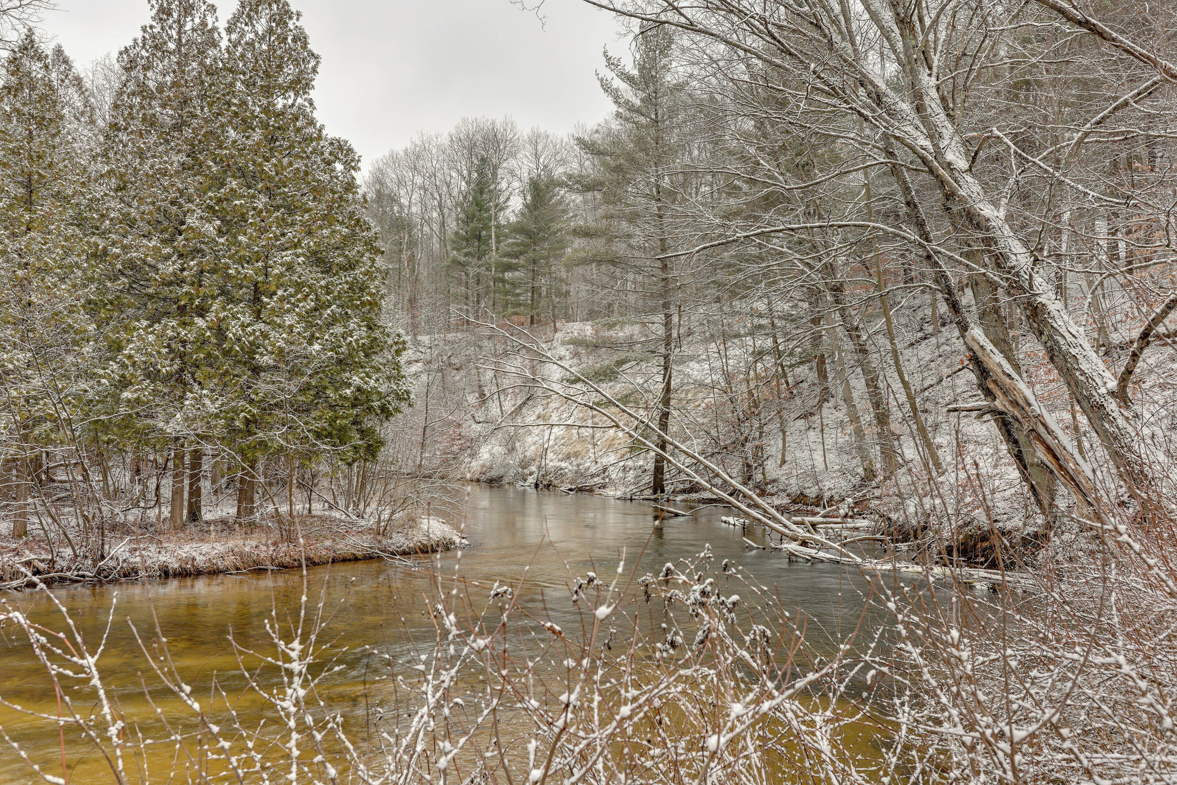 A river surrounded by snow-covered trees and branches.