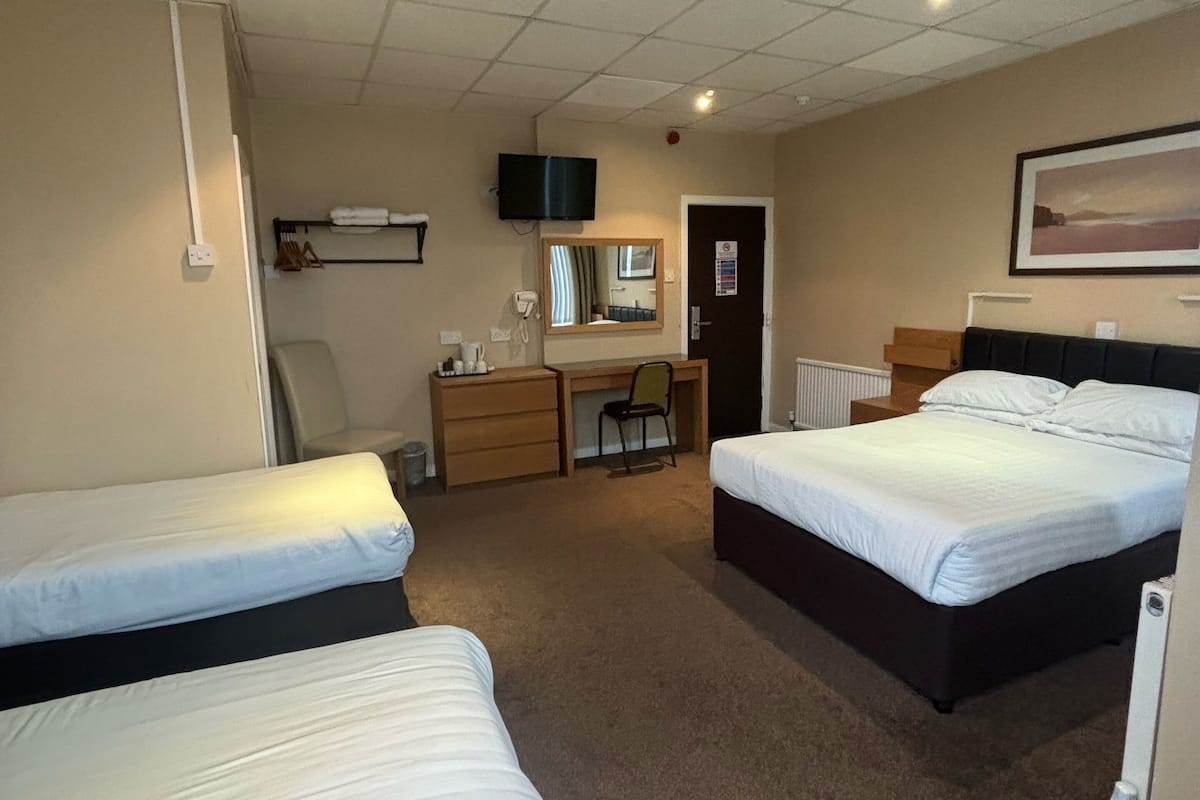 A hotel room with two single beds, a desk with a chair, a television, and a mirror.