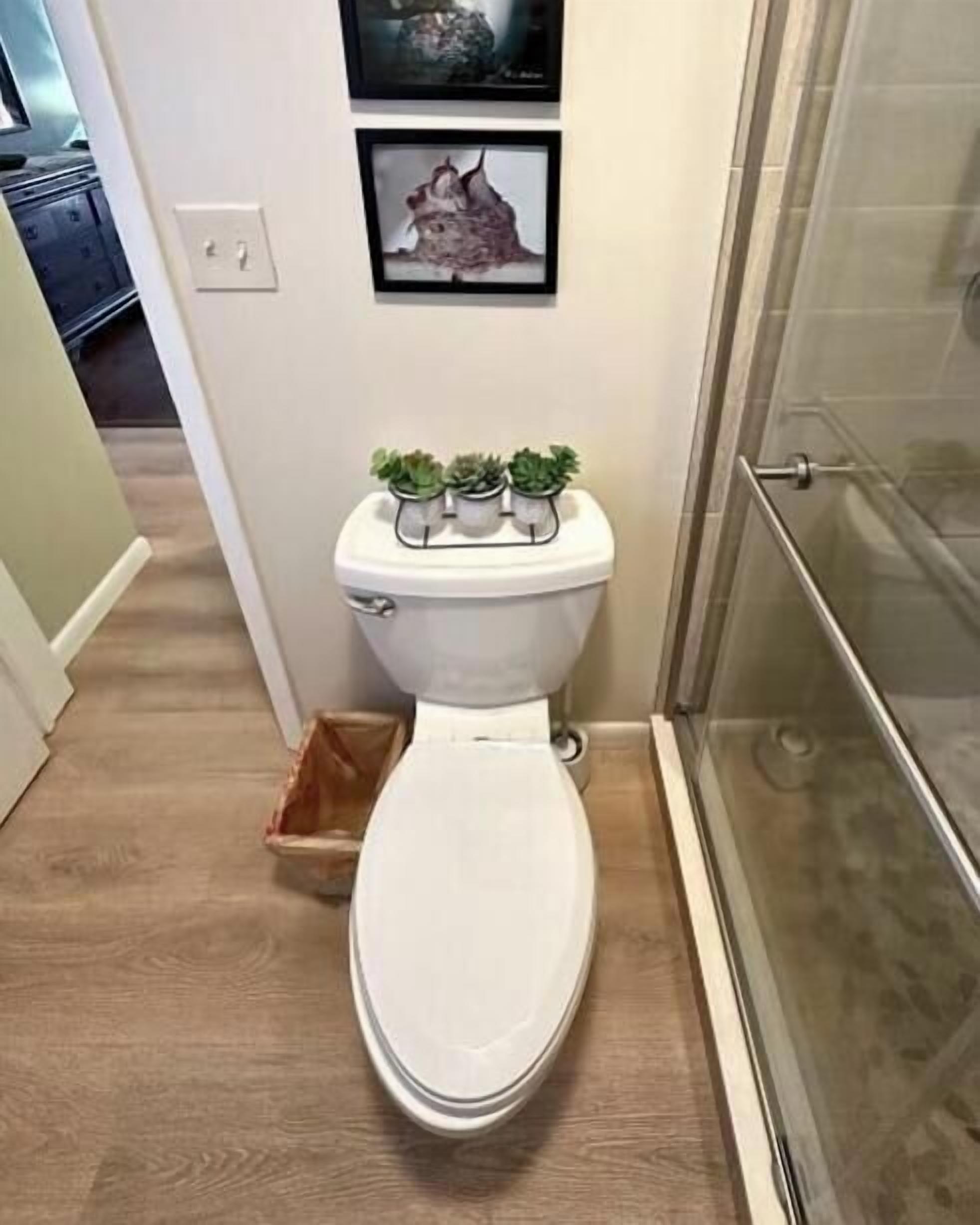 Une salle de bain avec des toilettes, une douche et une petite poubelle.