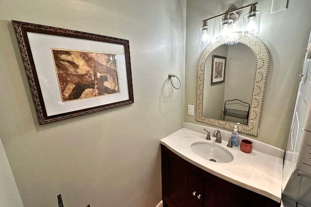 Een badkamer met een lijstfoto, een wastafel, een spiegel met decoratieve lijst en een handdoekhouder.