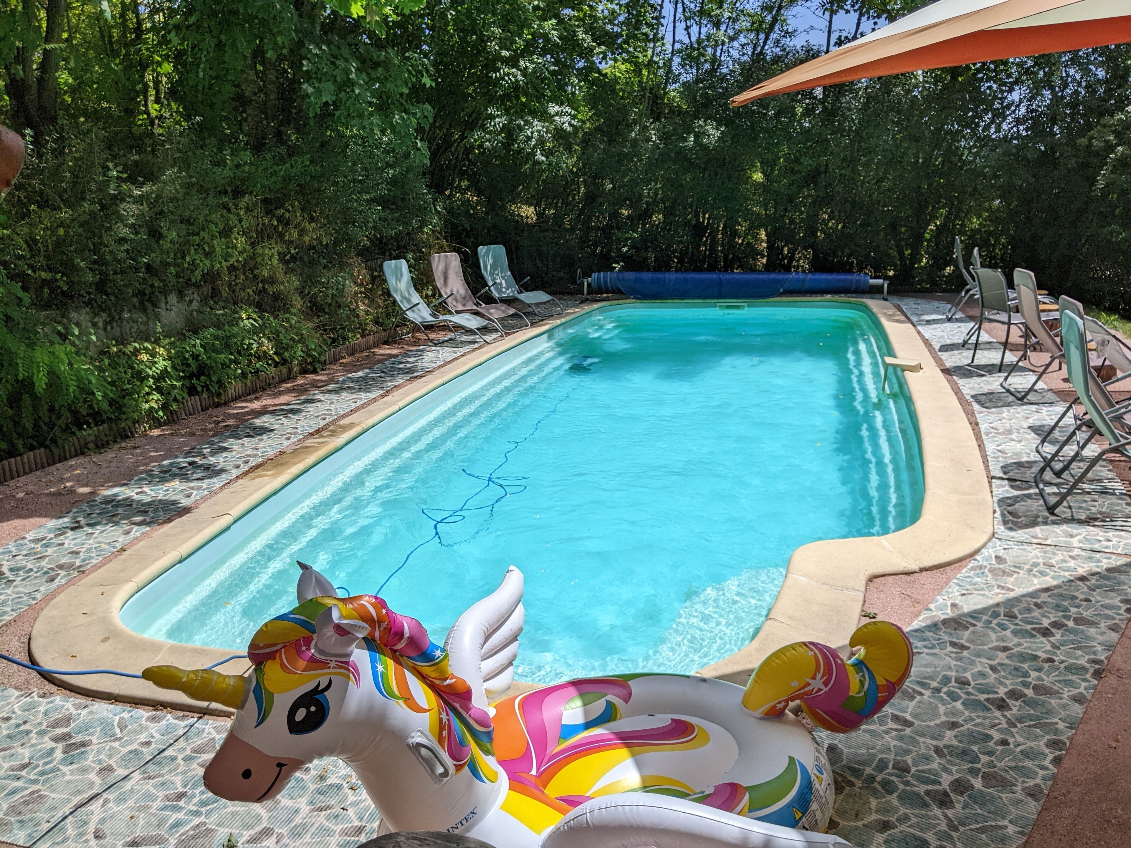 A swimming pool with inflatable unicorn floats, lounge chairs, and a covered area.
