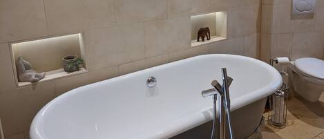 Douche, séchoir à cheveux, serviettes fournies, savon