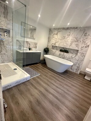 Douche, sèche-cheveux, serviettes fournies, savon