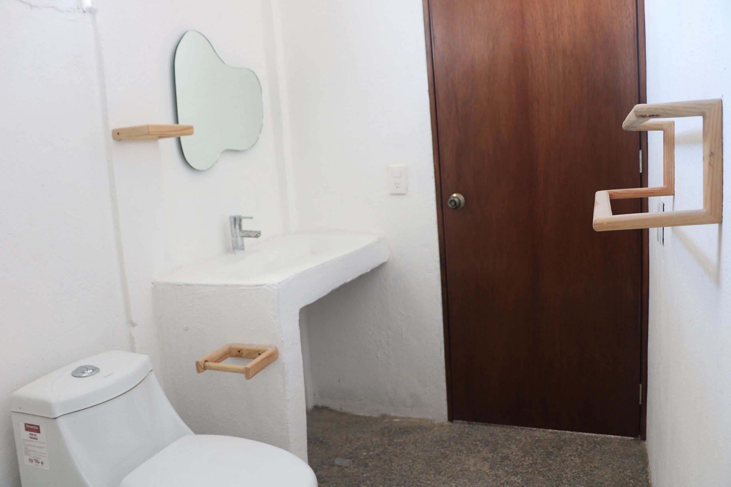 A small, compact bathroom with a white toilet, a wooden-framed mirror, and a wooden door.