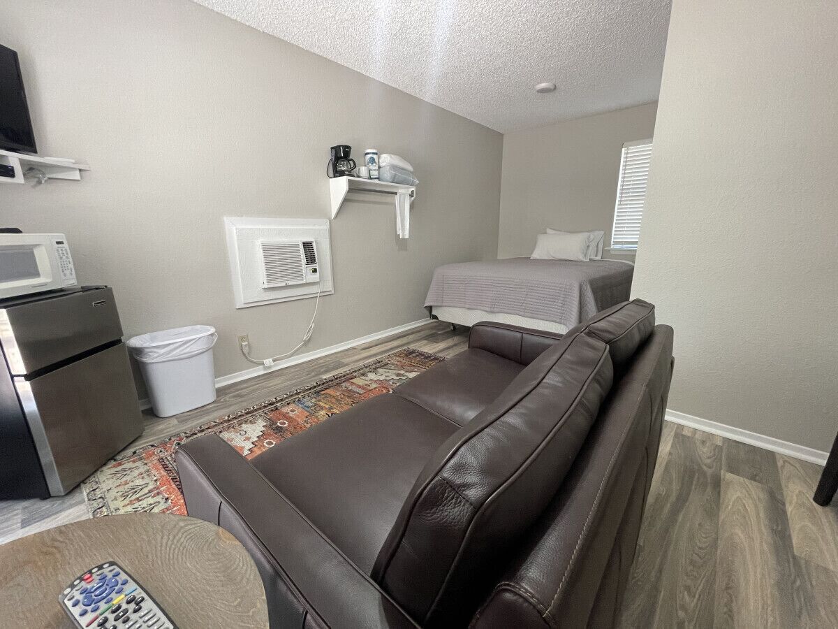 A compact living space with a sofa, a small kitchenette, a bed, and a TV.